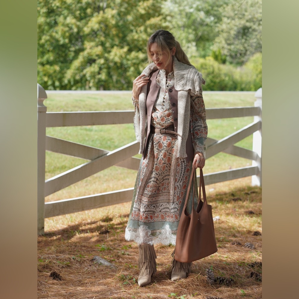 Bohemian Paisley Maxi Dress with Brown leather belt